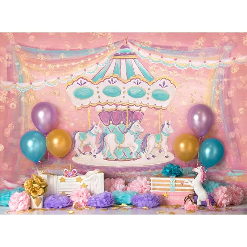 Vinyl-Photography-Background-Pink-Carousel-Ribbon-Spots-Unicorn-Balloon-Newborn-Birthday-Party-Custom-Photo-Backgrounds-ZR