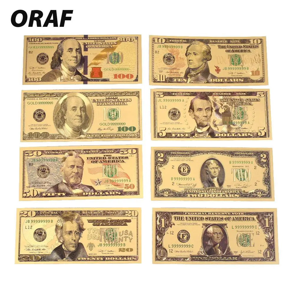 8pcs/Set 24K Gold Plated Dollars Antique Plated High Quality Commemorative Notes Souvenir Home Decoration Realistic Banknotes
8pcs/Set 24K Gold Plated Dollars Antique Plated High Quality Commemorative Notes Souvenir Home Decoration Realistic Banknotes