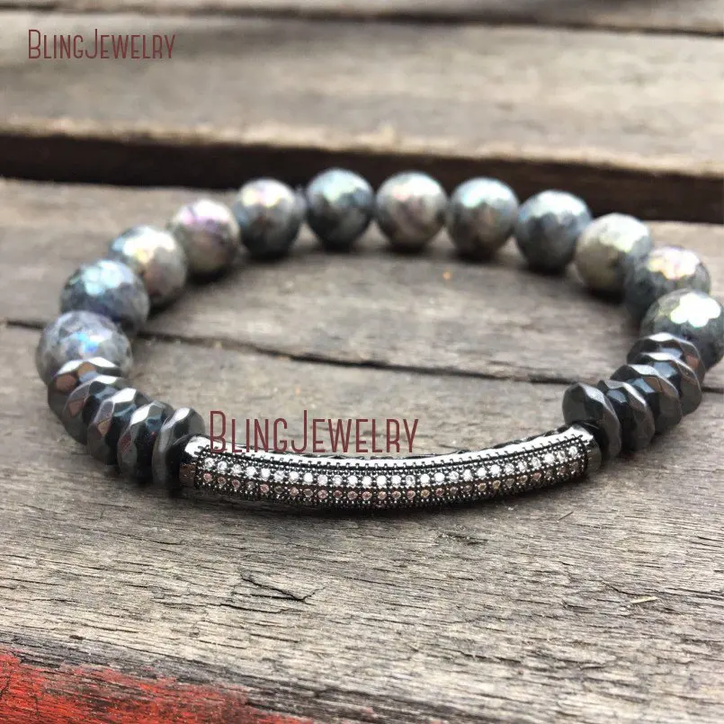 20180409-BM10766-Micro Pave Bar And Labradorite Beaded Stretch Bracelet Shabby Chic Stretch Bracelet Boho Layering Beaded Bracelet Stackable Bracelet Cz Pave_2