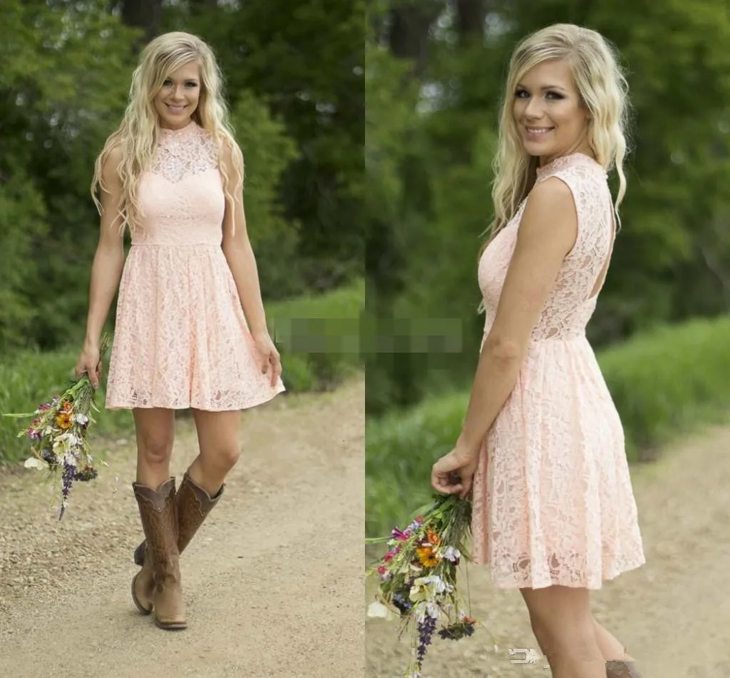 2019 Cute Lace Short Bridesmaid Dresses High Neck Sleeveless Open Back White Silver Navy Pink Bridesmaid Gowns Backless Country
2019 Cute Lace Short Bridesmaid Dresses High Neck Sleeveless Open Back White Silver Navy Pink Bridesmaid Gowns Backless Country