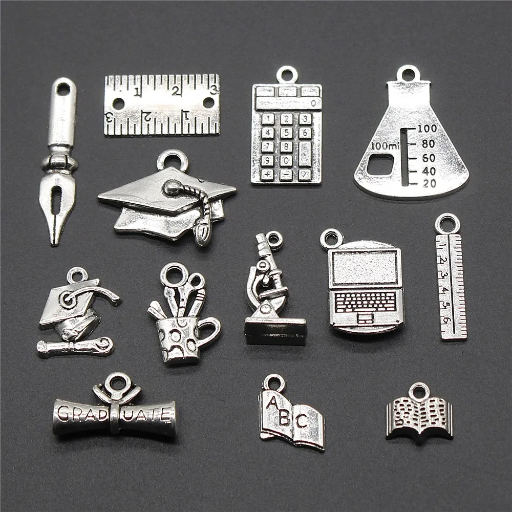 10pcs Graduation Charm Antique Silver Color School Supplies Book Charm Bachelor Cap Ruler Pen Holder Charm Doctor Hat Pendant
10pcs Graduation Charm Antique Silver Color School Supplies Book Charm Bachelor Cap Ruler Pen Holder Charm Doctor Hat Pendant