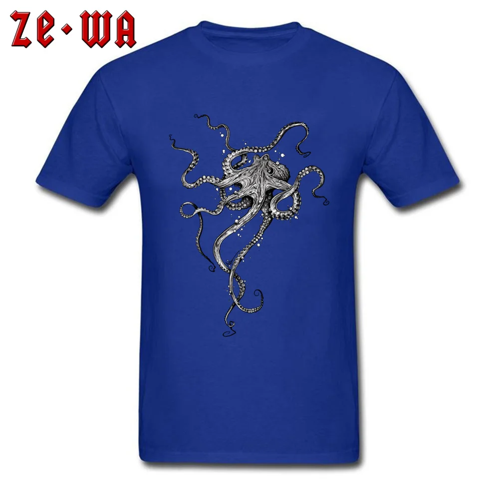 Round Collar Octopus 100% Cotton Male Top T-shirts Normal Short Sleeve Tops T Shirt Rife Printed T-shirts Top Quality Octopus blue