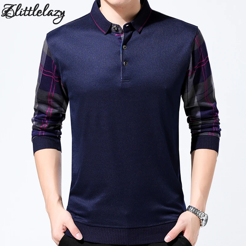 

2019 brand fashion slim fitness winter thick long sleeve polo shirt men pol plaid casual cotton mens polos shirts clothing 8134