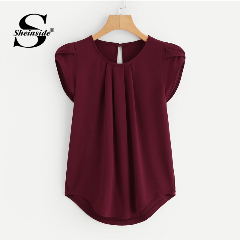 

Sheinside Burgundy Asymmetrical Blouse Petal Sleeve Pleated Detail Solid Short Sleeve Shirt 2018 Summer Women OL Work Blouse