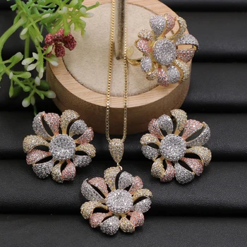 Lanyika Jewelry Set Luxury Trendy Blooming Flower Micro Paved Cubic Zircon Necklace with Earrings and Ring for Banquet Best Gift
Lanyika Jewelry Set Luxury Trendy Blooming Flower Micro Paved Cubic Zircon Necklace with Earrings and Ring for Banquet Best Gift