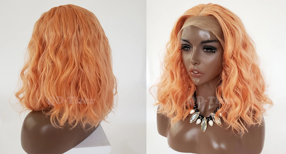 QD-TIZER Orange Color Loose Wave Synthetic Lace Front Wig Short Lob Hair Glueless with Baby Hair Lace Front Wigs for Women 3
