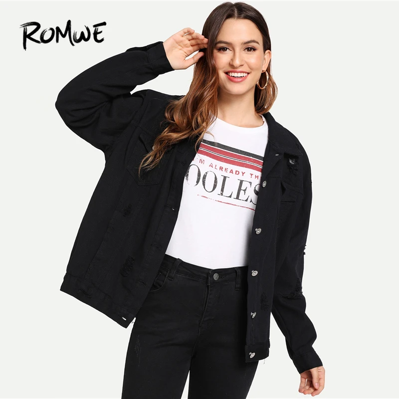 ROMWE Ripped Dual Pocket Denim Jacket 2019 Chic Black Women Spring Autumn Outer Long Sleeve Single Breasted Women Coat
ROMWE Ripped Dual Pocket Denim Jacket 2019 Chic Black Women Spring Autumn Outer Long Sleeve Single Breasted Women Coat