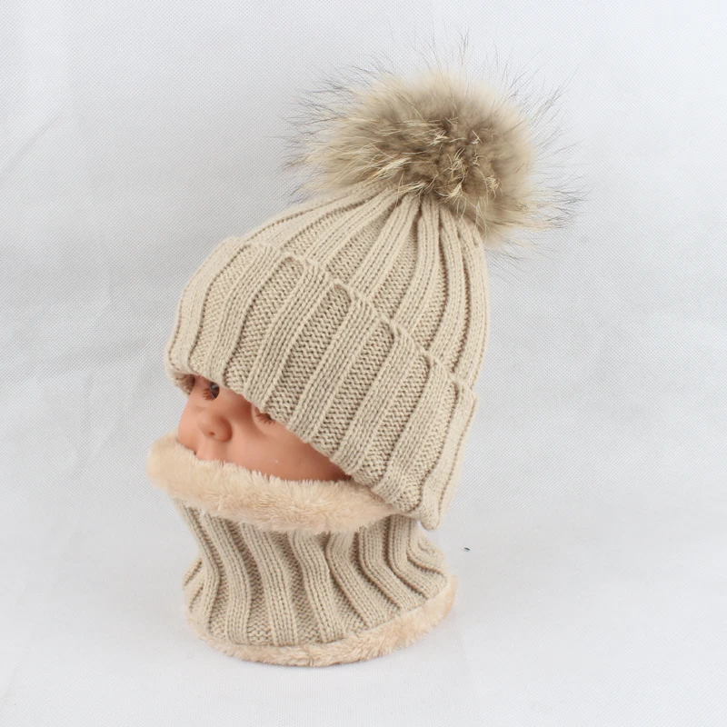 Kids Boys Girls Warm Fleece Liner Beanie Hats With Scarf Winter Fur Hat For Children Baby Pompom Skullies Beanies 28