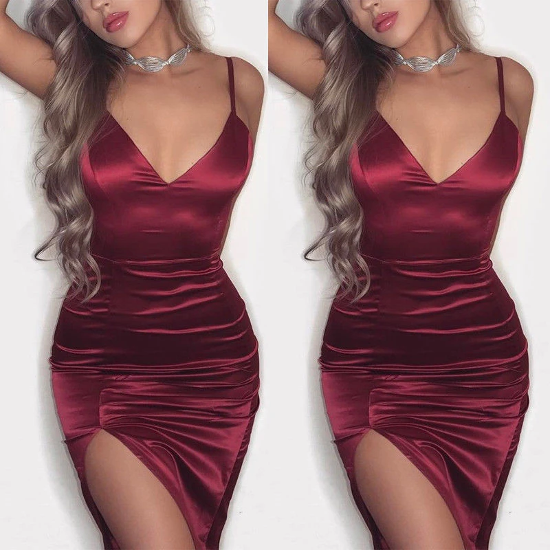 New Women Summer Split Dress Sexy Fashion Party Club V Neck Spaghetti Strap Satin Women Bodycon Sleeveless Short Mini Dress
New Women Summer Split Dress Sexy Fashion Party Club V Neck Spaghetti Strap Satin Women Bodycon Sleeveless Short Mini Dress