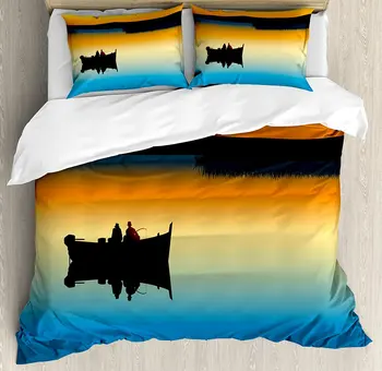 Fishing Decor Duvet Cover Set, Buddies on Tranquil Still Lake at Epic Sunset Fish Male Friends Home Decor, 4 Piece Bedding Set
Fishing Decor Duvet Cover Set, Buddies on Tranquil Still Lake at Epic Sunset Fish Male Friends Home Decor, 4 Piece Bedding Set