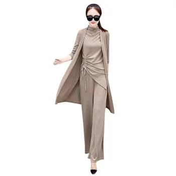 Women Casual Slim Spring Fashion Long-Sleeved O Neck Tops+Solid Color Single-Breasted Coat+ Wide-Leg Pants Three-Piece Suit
Women Casual Slim Spring Fashion Long-Sleeved O Neck Tops+Solid Color Single-Breasted Coat+ Wide-Leg Pants Three-Piece Suit