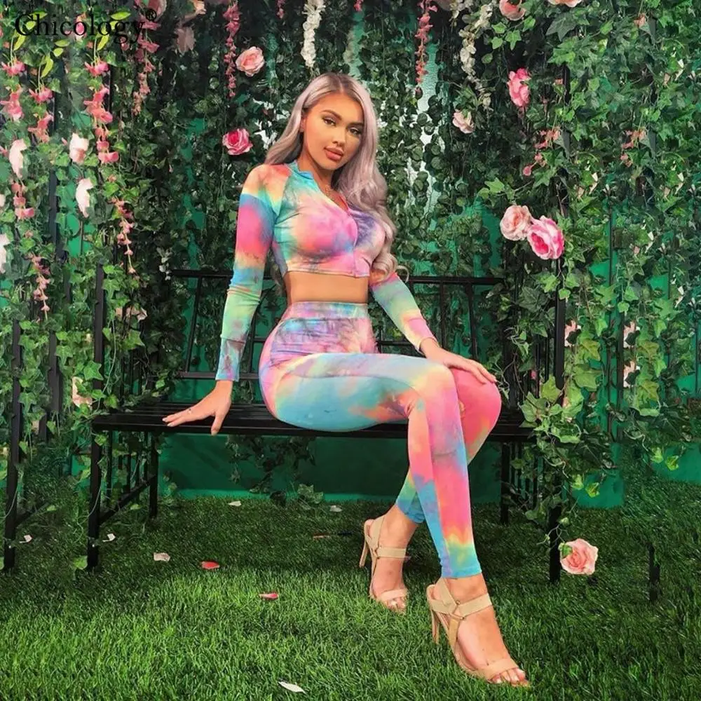 Женский укороченный топ Chicology tie dye брюки леггинсы с высокой талией летний
