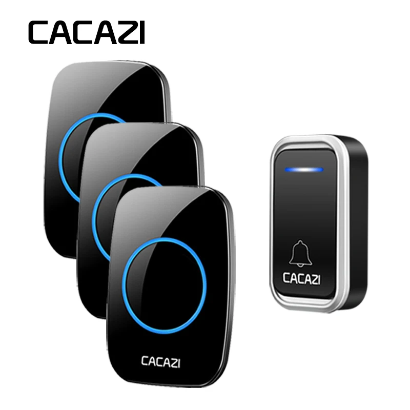 

CACAZI Smart Wireless Doorbell Waterproof LED Intelligent Battery Button Remote 300M 38 Chime 3 Volume Calling Door Bell EU Plug