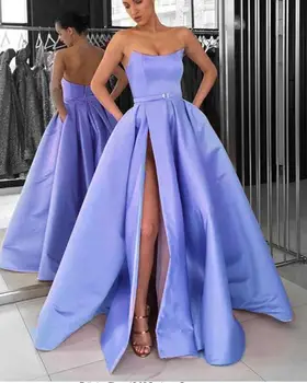 Violet Arabic Evening Dresses With High Slits Pockets Cheap Prom Dress Elegant Strapless Satin Long Formal Party Gown For Women
Violet Arabic Evening Dresses With High Slits Pockets Cheap Prom Dress Elegant Strapless Satin Long Formal Party Gown For Women