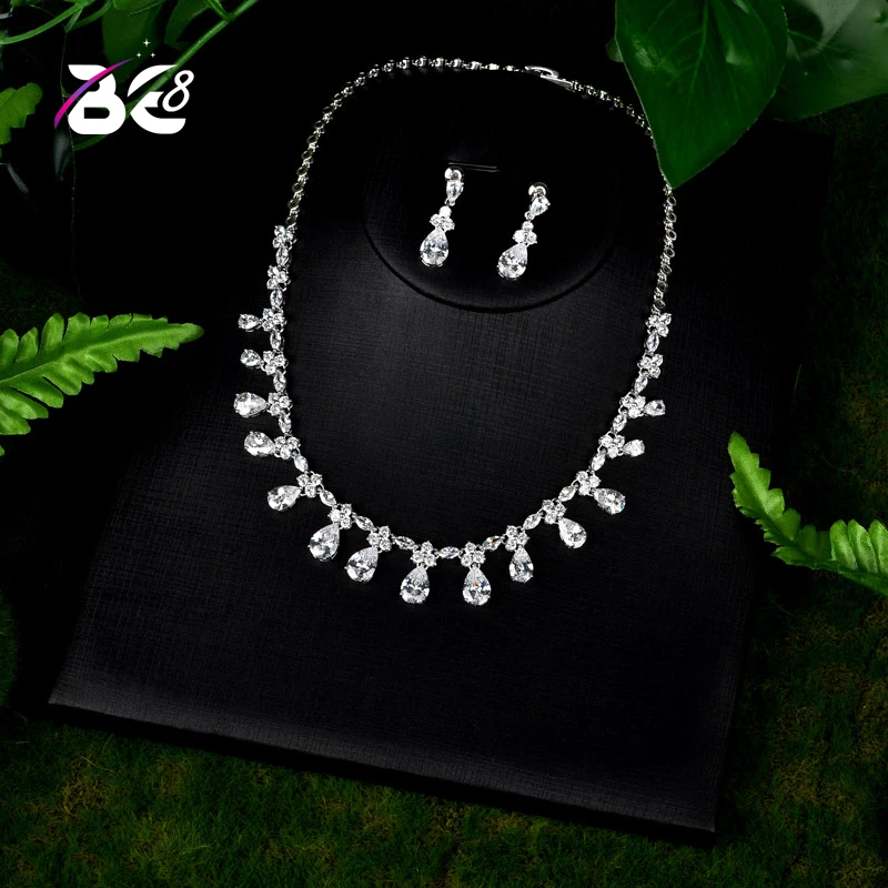 

Be 8 AAA+ CZ Wedding Jewelry Sets for Women Water Drop Design Green Color Necklaces Pendant Drop Earrings for Women Gift S096