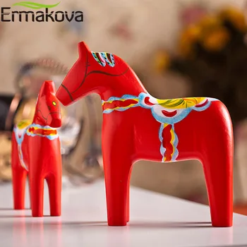 

ERMAKOVA 2 Pcs/Set Wooden Dala Horse StatueTraditional Animal Sculpture Swedish Dalecarlian Horse Figurine Gift Souvenir Decor