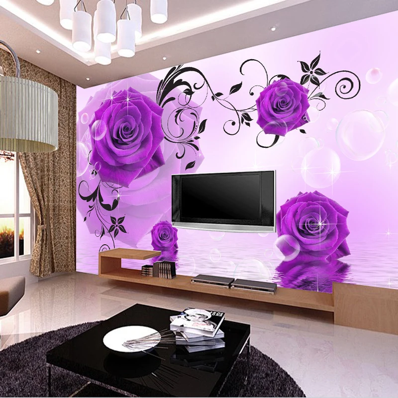 Фото Custom photo wallpaper modern minimalist living room sofa purple blooming flower pattern TV backdrop mural | Обустройство дома