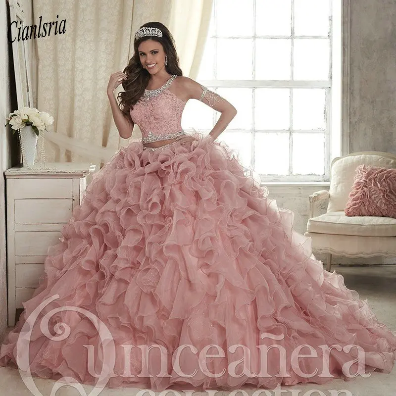 Pink Two Pieces Lace Beading Crystal Top Ruffles Ball Gown Quinceanera Dresses Sweet 16 Dresses Vestidos De 15 Anos 
Pink Two Pieces Lace Beading Crystal Top Ruffles Ball Gown Quinceanera Dresses Sweet 16 Dresses Vestidos De 15 Anos