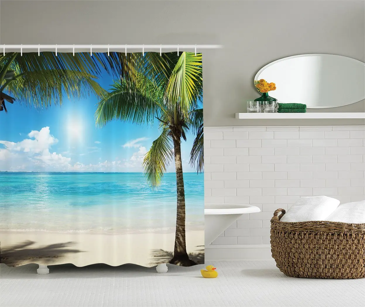 Beach Shower Curtain Tropical Coconut Palms and Shadows on Beach Sea Plants Picture Pattern Polyester Fabric Bathroom Set
Beach Shower Curtain Tropical Coconut Palms and Shadows on Beach Sea Plants Picture Pattern Polyester Fabric Bathroom Set