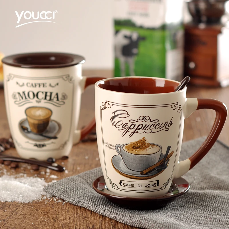 Image New European Simple Large Coffee Mug Set With Cover Spoon Ceramic Personalized Drinkware
