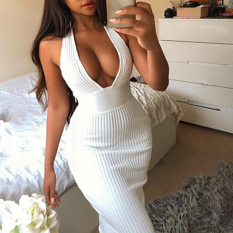 2019 Sexy Deep V-neck Halter Backless Knitted Bodycon Dress Women Off Shoulder Pencil Dress Elegant Party Summer Dress
2019 Sexy Deep V-neck Halter Backless Knitted Bodycon Dress Women Off Shoulder Pencil Dress Elegant Party Summer Dress