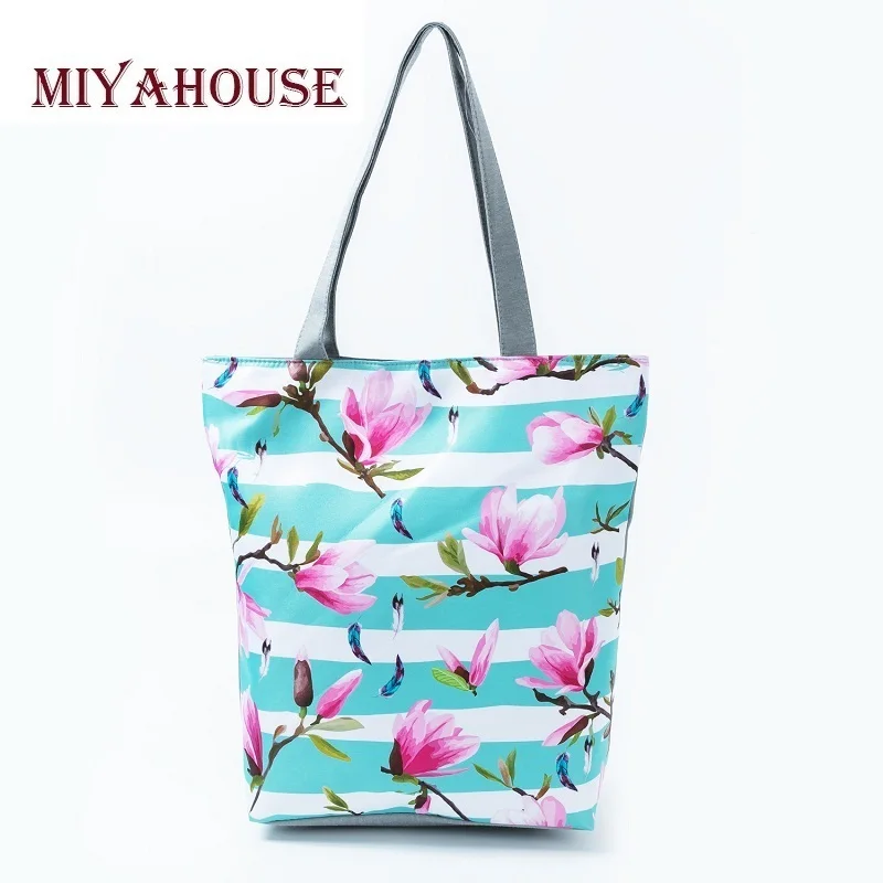 

Miyahouse Trendy Flower Design Casual Tote Handbags For Female Birds Striped Printed Beach Bag Women Portable Shopping Bags