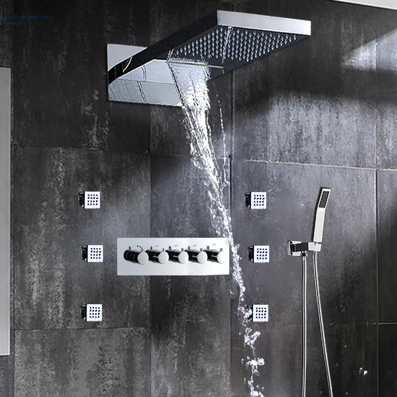Luxury Bathroom Fixtures Wall Mounted Waterfall Shower System Rainfall Shower Head High Flow Massage Mixer Faucet Set
Luxury Bathroom Fixtures Wall Mounted Waterfall Shower System Rainfall Shower Head High Flow Massage Mixer Faucet Set