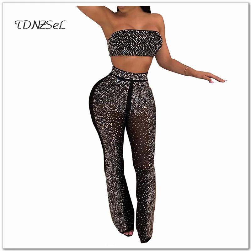 Women Mesh Diamonds Pants Transparent 2 Two Piece Set Sleeveless Strapless Tube Crop Tops Wide Leg Trousers Nightclub Suit Set
Women Mesh Diamonds Pants Transparent 2 Two Piece Set Sleeveless Strapless Tube Crop Tops Wide Leg Trousers Nightclub Suit Set