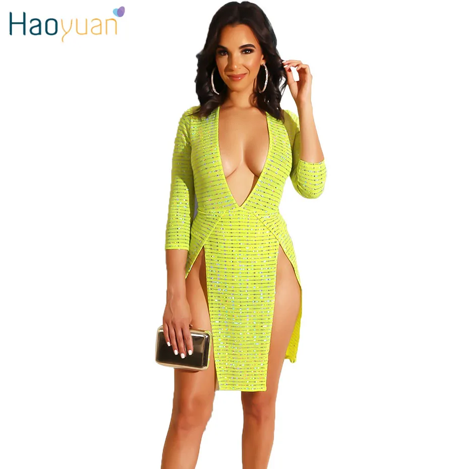 HAOYUAN Sparkly Sequin Sexy Club Party Dress Women Summer Clothes Tight Sundress Deep-V Half Sleeve Slit Mini Bodycon Dresses
HAOYUAN Sparkly Sequin Sexy Club Party Dress Women Summer Clothes Tight Sundress Deep-V Half Sleeve Slit Mini Bodycon Dresses