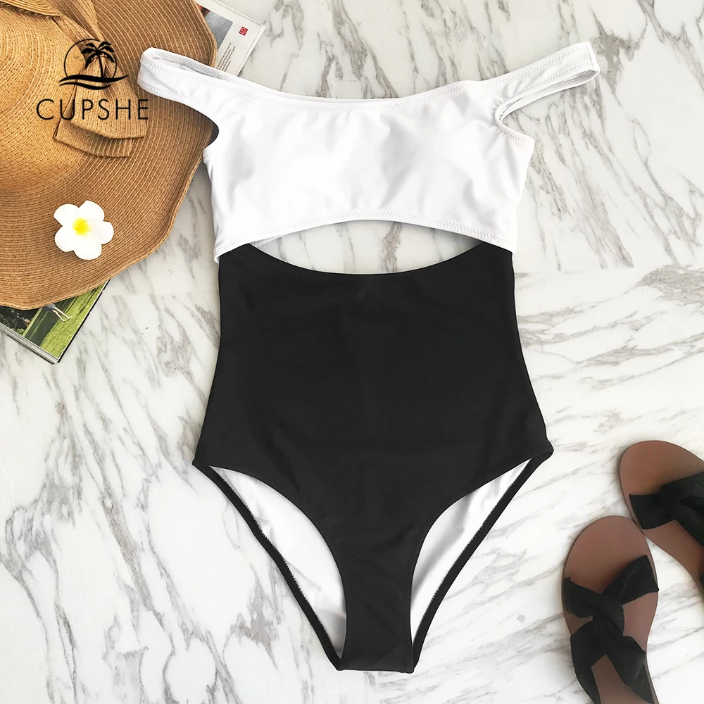 CUPSHE White And Black Dropped Shoulder One-piece Swimsuit Women Cutout Monokinis 2019 Girl Beach Bathing Suit Bodysuit Swimwear
CUPSHE White And Black Dropped Shoulder One-piece Swimsuit Women Cutout Monokinis 2019 Girl Beach Bathing Suit Bodysuit Swimwear