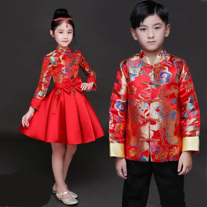 

Kid China dress of the Tang Dynasty Chinese traditional garments Hanfu dragon costume pants for children boy girl clothing