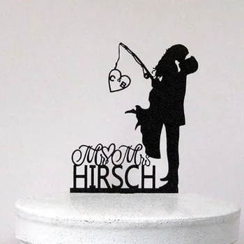 

Personalized Rustic Wood Wedding Cake Topper,Wedding Bride and Groom silhouette cake topper, Fishing cake topper with Mr&Mrs