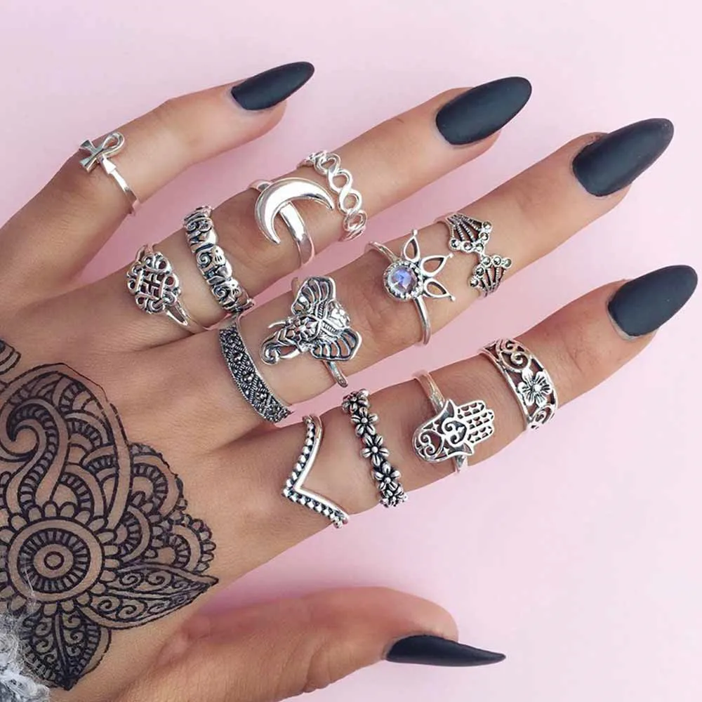 New 13 PCS/ Set Bohemian Jewelry Wedding Ring Elephant Moon Fatima Hand Crystal Fan Safe Hollow Flower Vintage Rings
New 13 PCS/ Set Bohemian Jewelry Wedding Ring Elephant Moon Fatima Hand Crystal Fan Safe Hollow Flower Vintage Rings