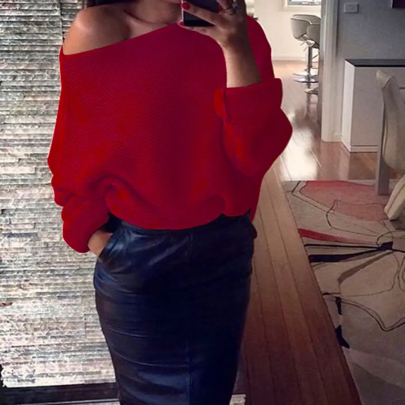Sexy Off Shoulder Sweater Women Autumn 2018 Streetwear Solid Color Loose Round Neck Long Sleeve Pullover Tops Roupas Feminina (4)
