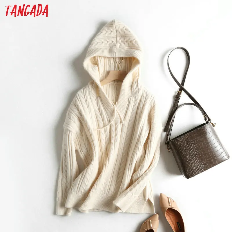 Tangada women beige twist hooded knitted sweater autumn winter long sleeve lady pullovers female casual loose tops BC16
Tangada women beige twist hooded knitted sweater autumn winter long sleeve lady pullovers female casual loose tops BC16