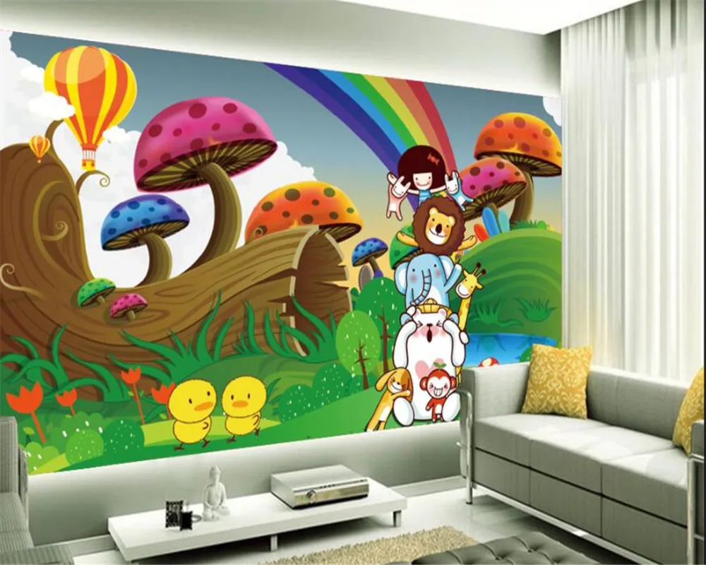 

Custom Wall paper Children's room Cartoon rainbow sky mushroom children kindergarten background wall 3d wallpaper beibehang