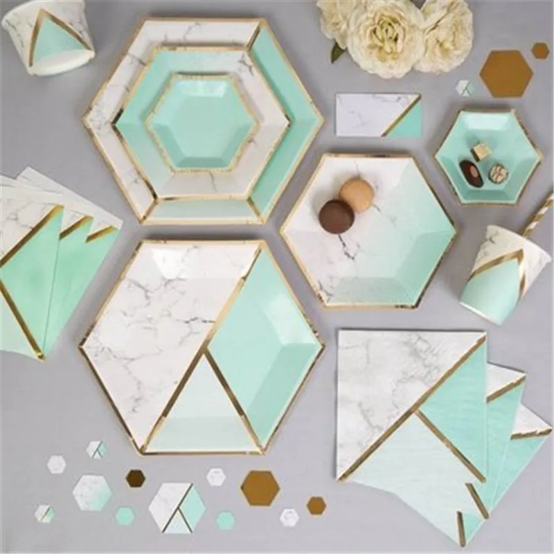 

8 Sets Pastel Mint Blue Marble Gold Party Tableware Hexagon Paper Plates Dishes Cups Napkins for Baby Shower Birthday Wedding