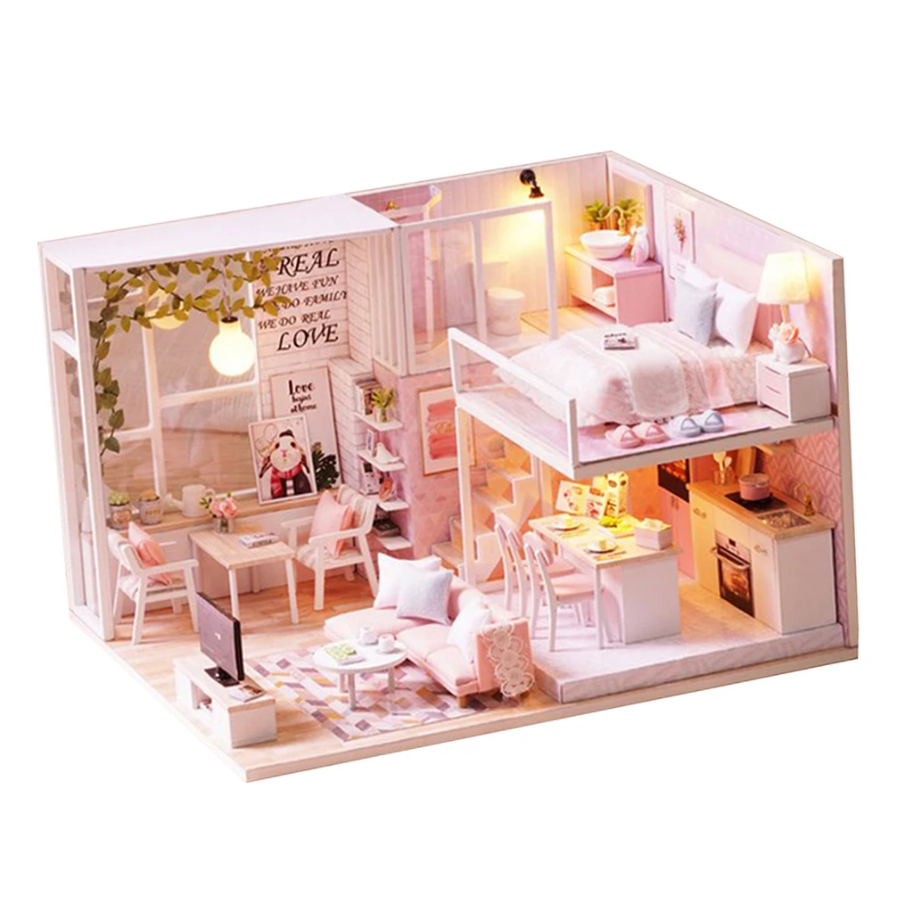 1/24 DIY Miniature Pink Duplex Apartment Dollhouse Kits with Furniture Model, for Ages 6+ 1/24 DIY Miniature Pink Duplex Apartment Dollhouse Kits with Furniture Model, for Ages 6+