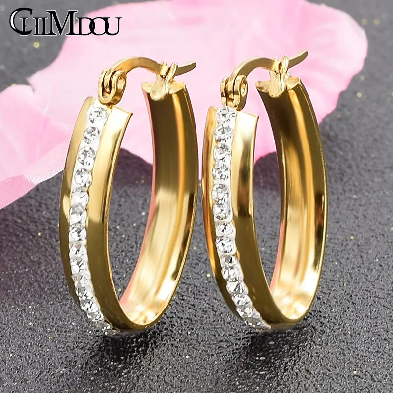 CHIMDOU Bride Earrings Popular Rhinestone Crystal Hoop Earring For Wedding Dress Fashion Women Stainless Steel Ear's AE810 | Украшения