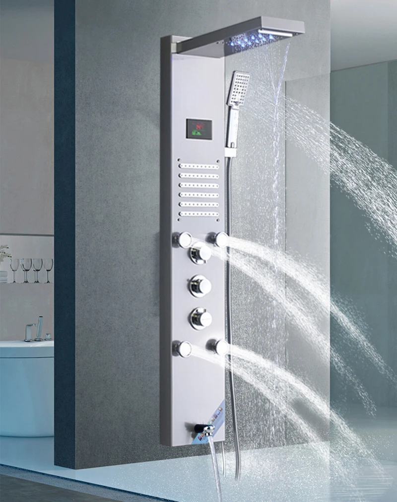 KV&V Neon Sun Powerful Adjustable Jets waterfall tub spout Shower Spa of Exceptional Quality in silver with Rainfall Shower head Waterfall LED Shower Panel Tower Column System Latest Design Complimentary LED lights with hand held Hand Sh 2023S