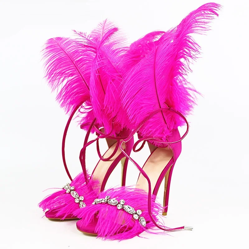 

Hot Selling Runway Crystal Tassels Feather Decoration Sandals Women Open Toe Ankle Wrap Gladiator High Heel Pumps Stage Shoes