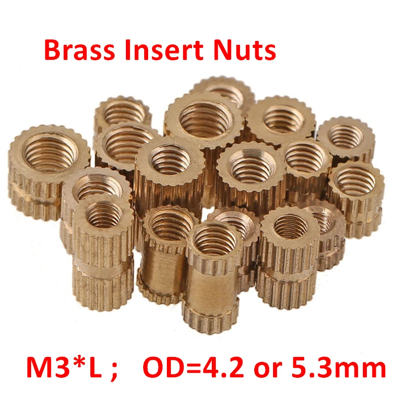 

100pcs Brass Insert Nuts M3*3/4/5/6/8/10mm OD=4.2 or 5.3mm Knurled Brass Inserts Nuts Copper Nuts Injection Moulding Inserts