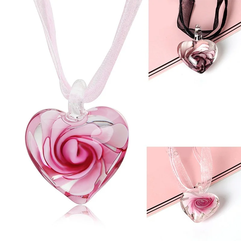 Handmade Luxury Love Heart Necklace Glass Blown Flower Inlaid Spiral Ribbon*