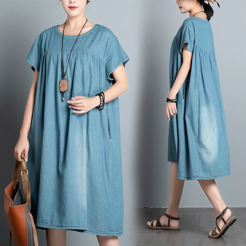 #0132 Plus Size Dresses For Women Blue Cotton Casual Short Sleeve Loose O-Neck Dress Femme Side Pocket Summer Dress Ladies
#0132 Plus Size Dresses For Women Blue Cotton Casual Short Sleeve Loose O-Neck Dress Femme Side Pocket Summer Dress Ladies