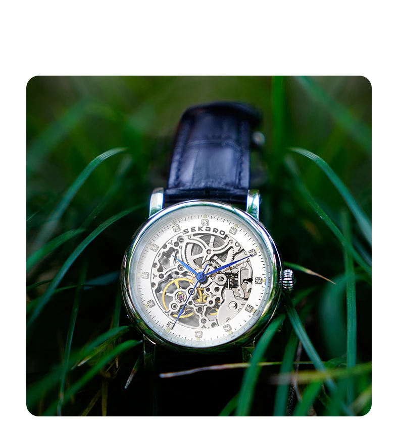 SEKARO Brand Women Mechanical Watches Diamond Ladies hand-winding Wristwatches Leather Fashion Skeleton Dial Gift for Female