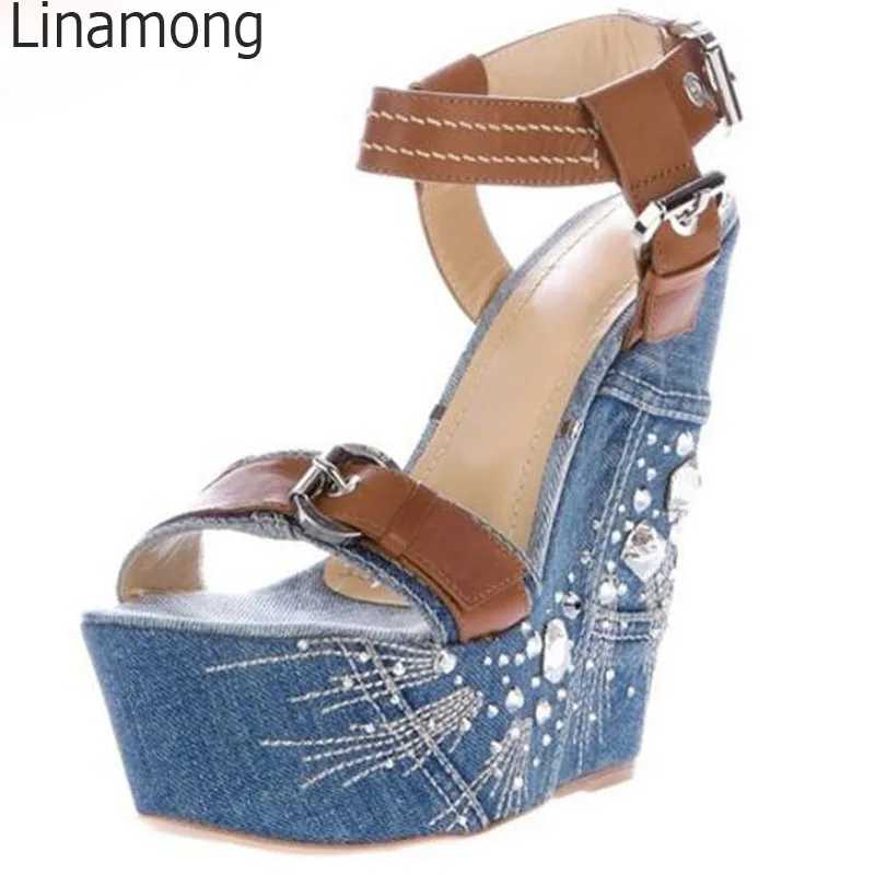Hot Summer Glitter Crystal Side Wedges High Heel Sandals Women Blue Denim Sandals Brown Leather Patched Buckles Ladies Shoes
Hot Summer Glitter Crystal Side Wedges High Heel Sandals Women Blue Denim Sandals Brown Leather Patched Buckles Ladies Shoes