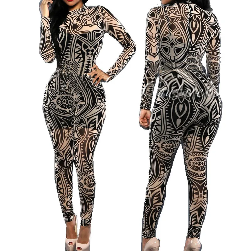 2020 Plus Size Women Tribal Tattoo Print Mesh Jumpsuit Romper Curvy