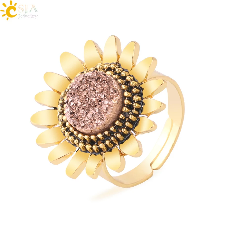CSJA Natural Stone Druzy Rings for Girls Lady 2019 Gold Color Alloy Sunflower Flower Adjustable Ring Trendy Wedding Jewelry F761
CSJA Natural Stone Druzy Rings for Girls Lady 2019 Gold Color Alloy Sunflower Flower Adjustable Ring Trendy Wedding Jewelry F761