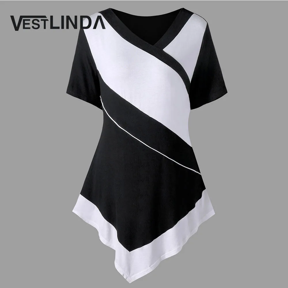 

VESTLINDA Women T-Shirt Summer Plus Size 5XL V Neck Two Tone T-Shirt Tops Tees Casual Short Sleeves Asymmetric T Shirts Clothes