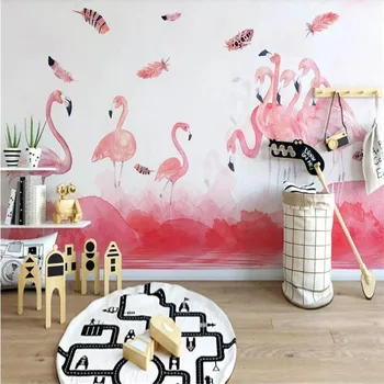 

Simple hand-painted flamingo feather background wall professionally made murals, wallpaper wholesale, custom photo wall